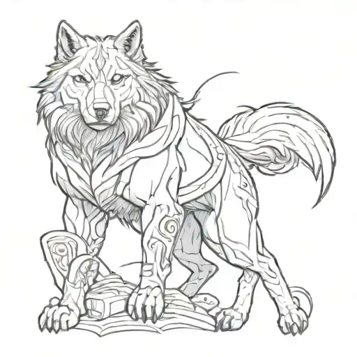 A fierce black wolf with Thor's hammer symbol on its chest tattoo design idea