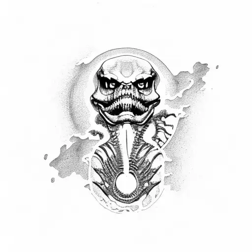 trex skeleton curled up fossil 2d tattoo design idea