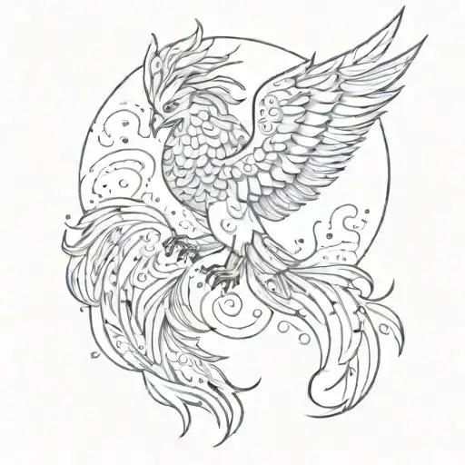 Phoenix in a drawing made of dots, slashes, stripes and waves tattoo design idea