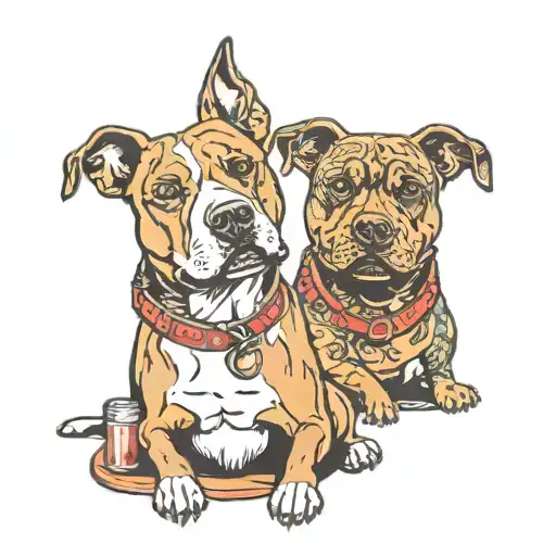 A traditional tattoo of a pitbull and rottweiler enjoying a car audio system in a beer garden tattoo design idea