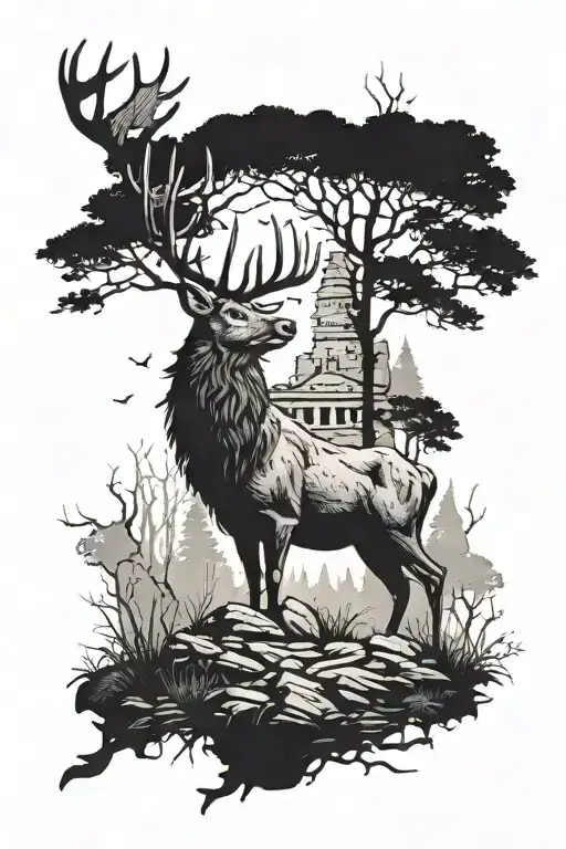 A majestic stag standing in a forest clearing, surrounded by ancient ruins symbolizing sacrifice and history tattoo design idea