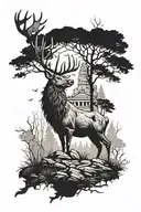A majestic stag standing in a forest clearing, surrounded by ancient ruins symbolizing sacrifice and history tattoo design idea