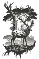 A majestic stag standing in a forest clearing, surrounded by ancient ruins symbolizing sacrifice and history tattoo design idea