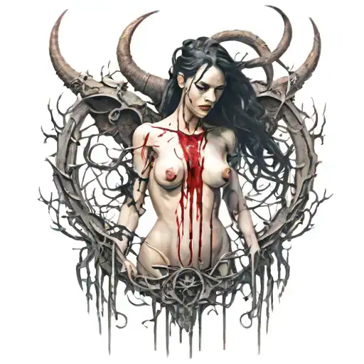 Sexy Nude Pale skinned Woman standing with Horns, torn demonic wings, extremely long nails, and dripping in blood. tattoo design idea