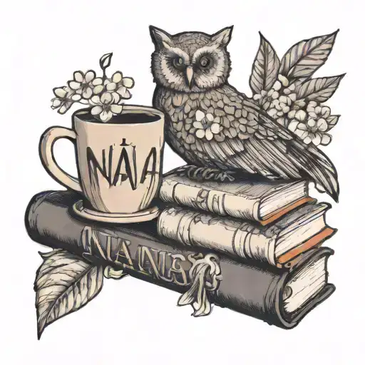 Coffe cup sitting on a stack of books with flowers by it, angel wings with the name nana, a tree with a girl on a bench tattoo design idea