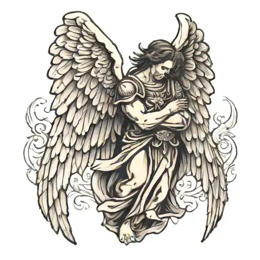 st Micheal covering himself with wings looking sad tattoo design idea