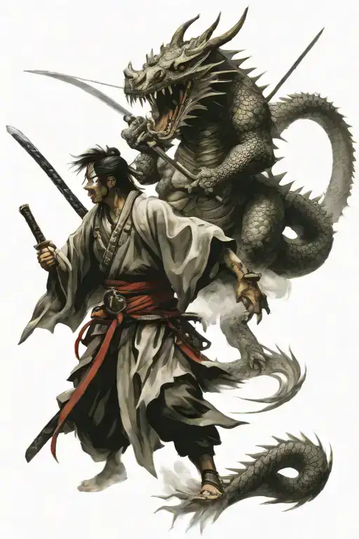  samurais fighting and a big dragon in the background  tattoo design idea