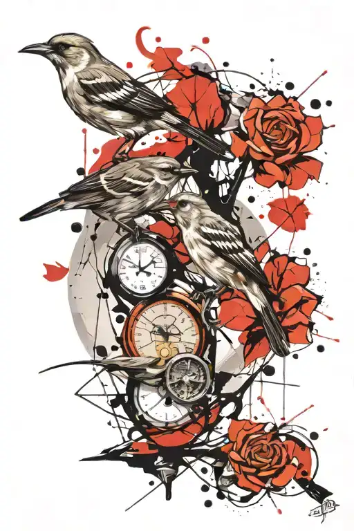 mocking birds flying together with diamond rings tattoo design idea