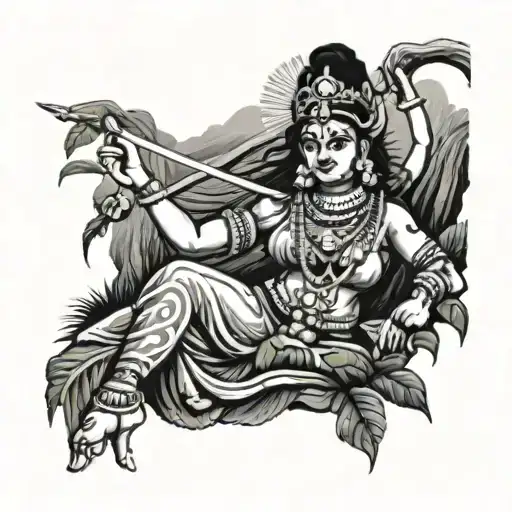 A tattoo of Mahakali wearing saree emerging from a waterfall in a lush jungle tattoo design idea