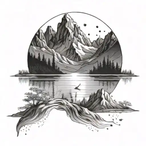 A serene lake surrounded by towering mountains, perfect for meditation tattoo design idea