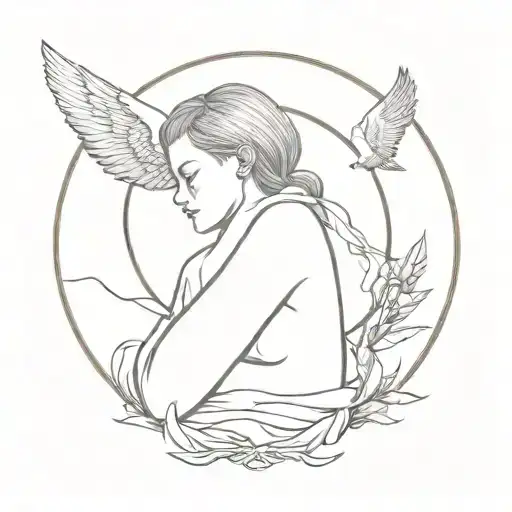 beautiful crying muse with wings in full growth and yin yang turned to the muse with the dark side tattoo design idea