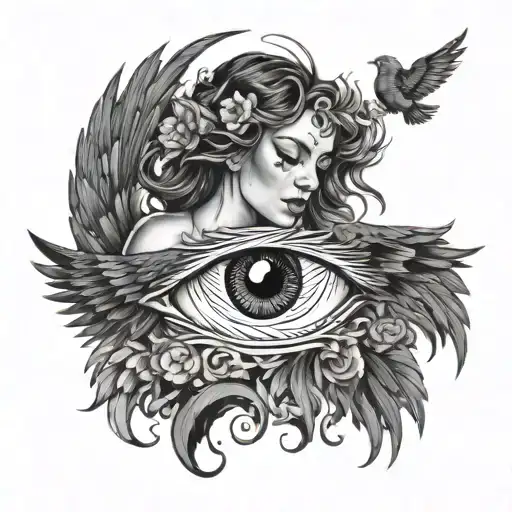 beautiful crying muse with wings and yin yang turned to the muse with the dark side tattoo design idea