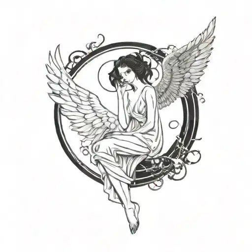 beautiful crying muse with wings in full growth and yin yang turned to the muse with the dark side tattoo design idea