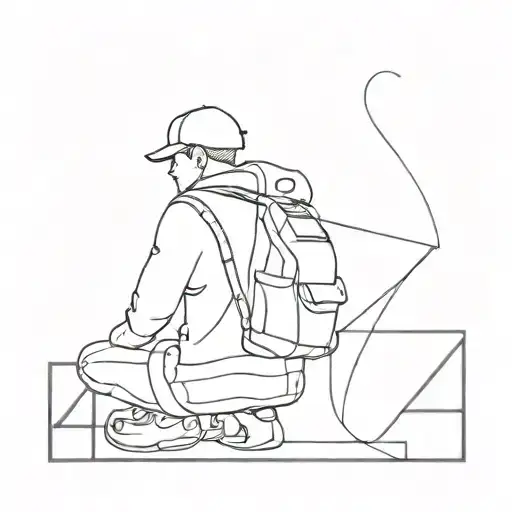 the number 4 but with a man with a backpack incorporated into it. keep it simple lines, black ink, ankle size tattoo design idea