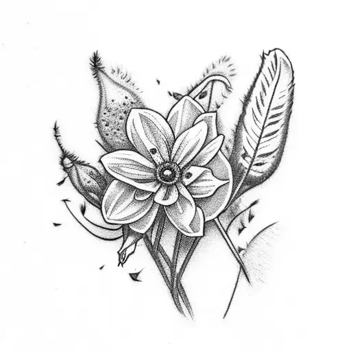 small bouquet with one forget-me-not, one small crysantheum, one small daffodil and some feather grass.  tattoo design idea