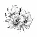 fine line tatto small bouquet with one forget-me-not, one small crysantheum, one small daffodil and some feather grass.  tattoo design idea