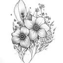 fine line tatto small bouquet with one forget-me-not, one small crysantheum, one small daffodil and some feather grass.  tattoo design idea
