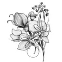 fine line tatto small bouquet with one forget-me-not, one small crysantheum, one small daffodil and some feather grass.  tattoo design idea