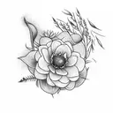 fine line tatto small bouquet with one forget-me-not, one small crysantheum, one small daffodil and some feather grass.  tattoo design idea