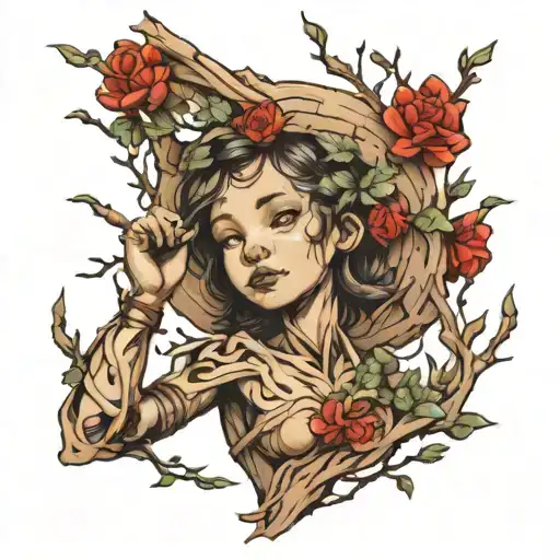 girl statue made of sticks, joyful at play tattoo design idea