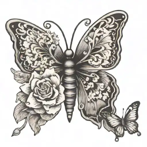 very detailed, top level detail, pinneaple square, flower necklace, butterfly tattoo design idea
