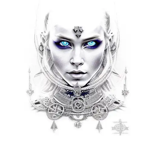 Imposing and powerful looking viking queen. Her face radiates an otherworldly beauty, with piercing blue eyes that refle tattoo design idea