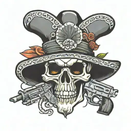 skull with sombrero with guns smoking Mexican flag tattoo design idea