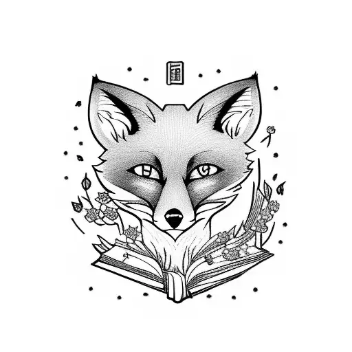 An anime-inspired tattoo of a fox surrounded by cherry blossoms and holding a book tattoo design idea