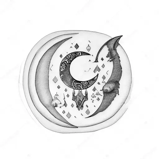 A blackwork tattoo of a crescent moon surrounded by various animals, symbolizing the client's favorite things - moon and animals. tattoo design idea