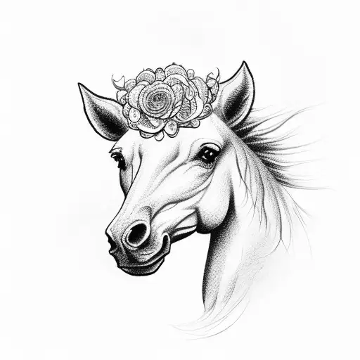 A mesmerizing dotwork tattoo of a wild horse running freely, with flowers and the number 8 intertwined in its mane. tattoo design idea