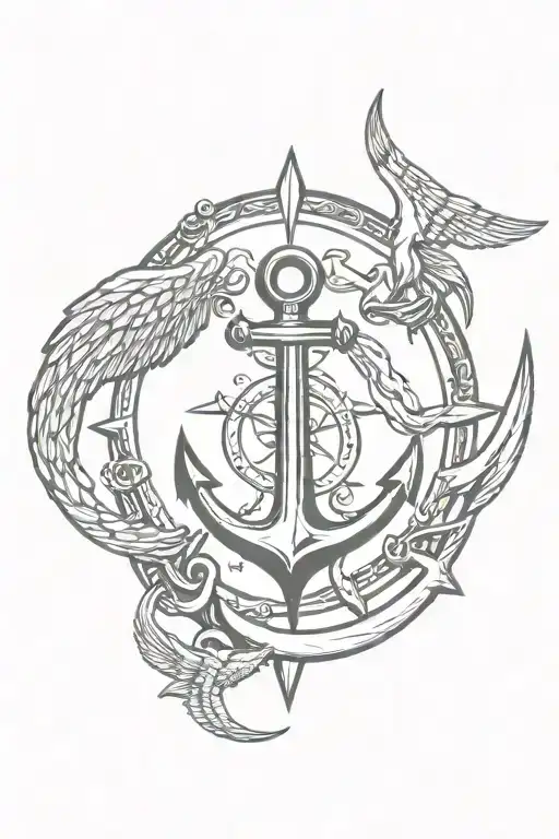 sea ​​anchor and trident and half angel wings and half devil wings) tattoo design idea