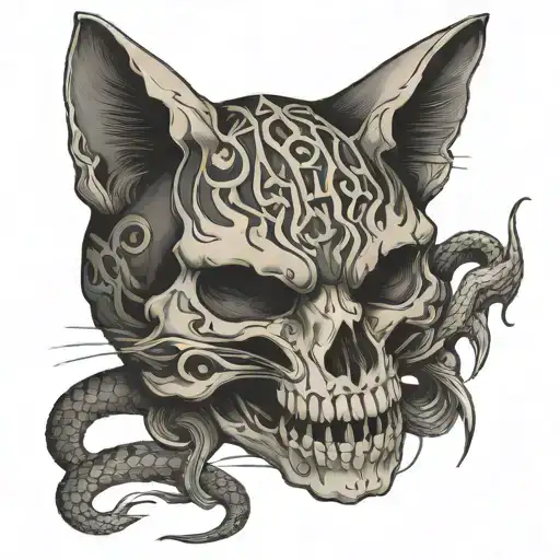 cat skull with snake intertwined tattoo design idea