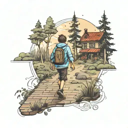 kid walking in forest on a brick road in the background of compass tattoo design idea