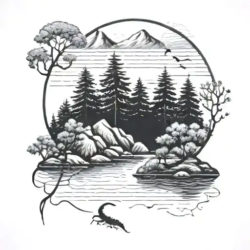 A serene landscape featuring a peaceful lake surrounded by mountains and trees, with a hidden centipede crawling along the shore tattoo design idea