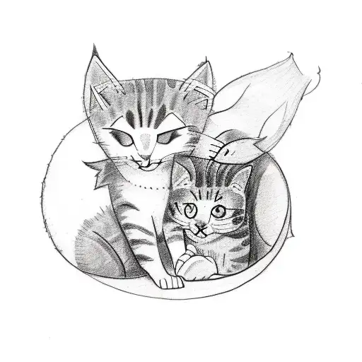 A whimsical sketch-style tattoo of Freya cuddling a group of playful cats, showcasing her nurturing nature tattoo design idea