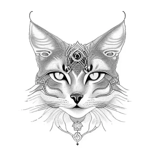 A striking blackwork tattoo featuring Freya's fierce gaze, with a cat perched on her shoulder symbolizing her connection to feline companions tattoo design idea