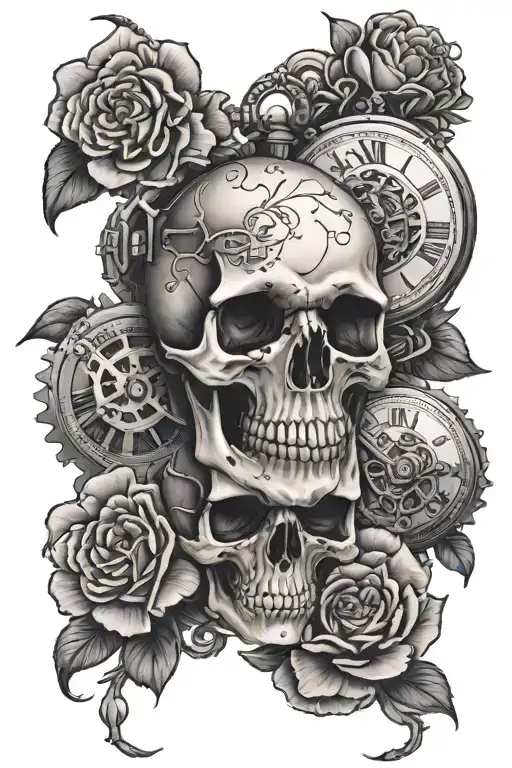 see hear and speak no evil skull and pocket watch with gears and carnations  tattoo design idea