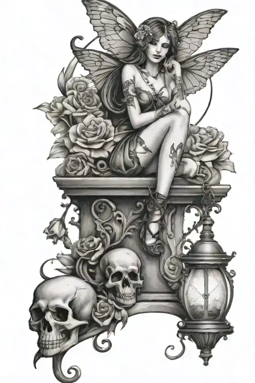 fairy sitting on hour glass filled with skulls and carnations tattoo design idea