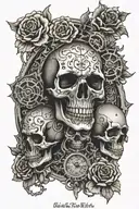 see hear and speak no evil skull and pocket watch with gears and carnations  tattoo design idea