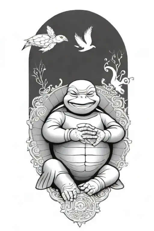 Buddhist Turtle Is A Monk, wearing a Cape, Beaded Necklace. Praying Hands. Eyes Closed. Smiling, Peace, surrounding aura tattoo design idea