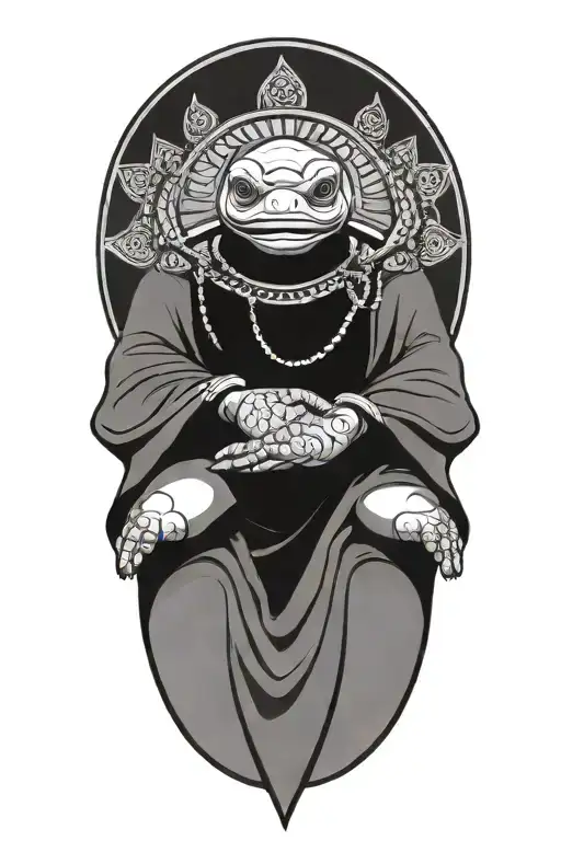Buddhist Turtle Is A Monk, wearing a Cape, Beaded Necklace. Praying Hands. Eyes Closed. Smiling, Peace, surrounding aura tattoo design idea