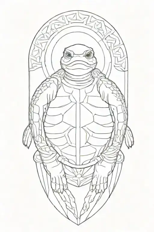Buddhist turtle is a monk, cape, beaded necklace. praying hands. Eyes closed.  Smiling, peace Surrounding rays of light tattoo design idea