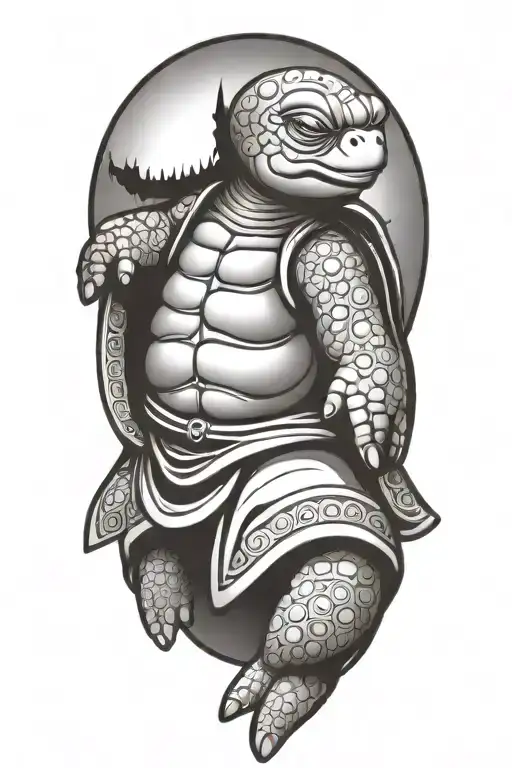 Buddhist Turtle Is A Monk, wearing a Cape, Beaded Necklace. Praying Hands. Eyes Closed. Smiling, Peace, surrounding aura tattoo design idea