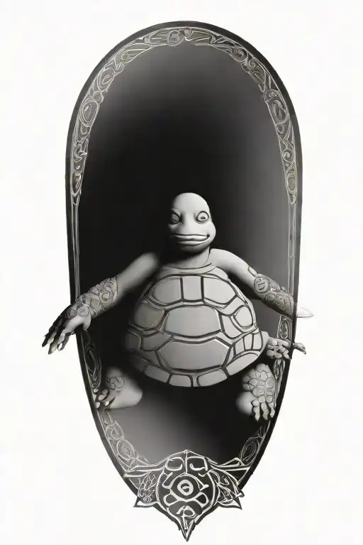 Buddhist Turtle Is A Monk, wearing a Cape, Beaded Necklace. Praying Hands. Eyes Closed. Smiling, Peace, surrounding aura tattoo design idea