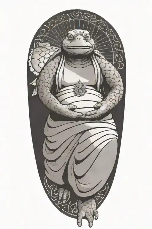 Buddhist Turtle Is A Monk, wearing a Cape, Beaded Necklace. Praying Hands. Eyes Closed. Smiling, Peace, surrounding aura tattoo design idea