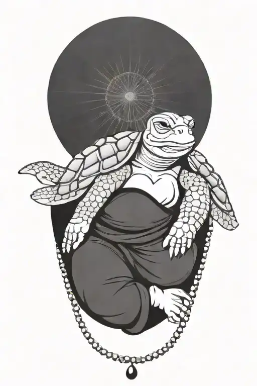 Buddhist Turtle Is A Monk, wearing a Cape, Beaded Necklace. Praying Hands. Eyes Closed. Smiling, Peace, surrounding aura tattoo design idea
