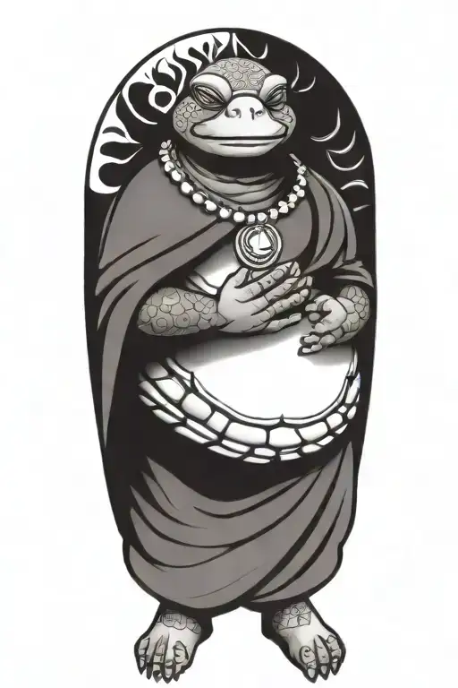 Buddhist Turtle Is A Monk, wearing a Cape, Beaded Necklace. Praying Hands. Eyes Closed. Smiling, Peace, surrounding aura tattoo design idea