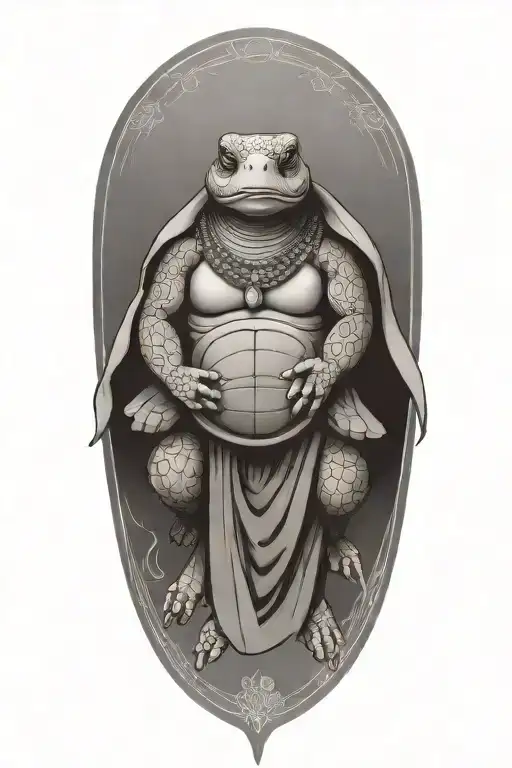 Buddhist Turtle Is A Monk, wearing a Cape, Beaded Necklace. Praying Hands. Eyes Closed. Smiling, Peace, surrounding aura tattoo design idea