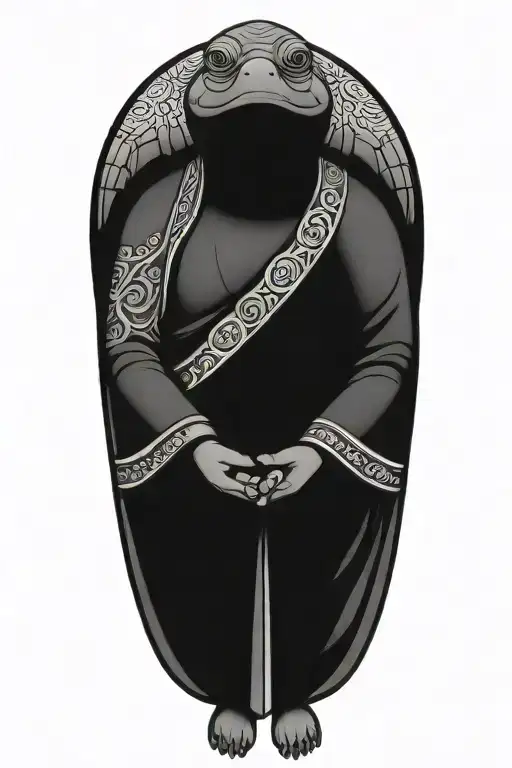 Buddhist Turtle Is A Monk, wearing a Cape, Beaded Necklace. Praying Hands. Eyes Closed. Smiling, Peace, surrounding aura tattoo design idea