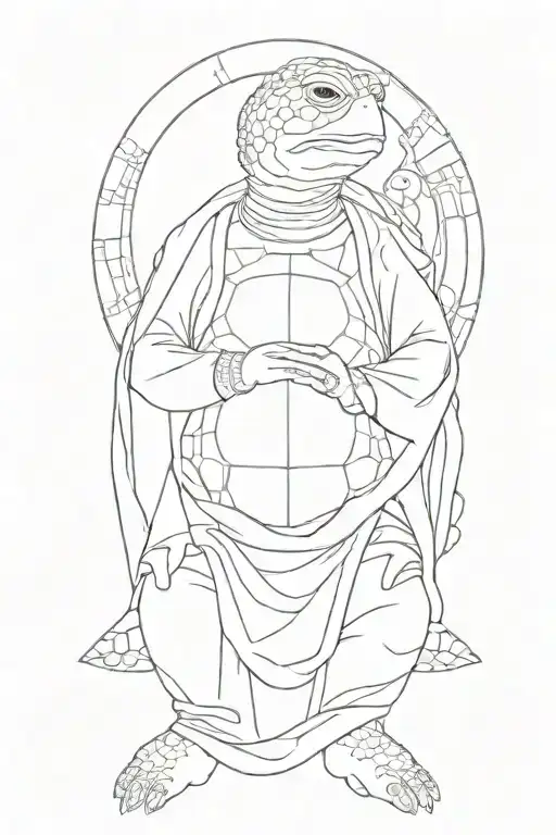 Buddhist turtle wearing robe beaded necklace. praying. Eyes closed.  He is at peace Surrounding rays of light tattoo design idea
